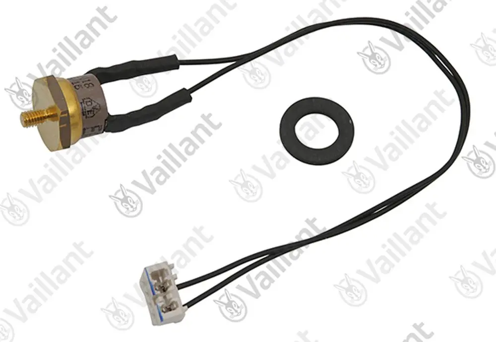 Temperaturbegrenzer von Vaillant mit einem Metallgehäuse, zwei Anschlusskabeln und einer Dichtung, geeignet für elektronische Steuerungen.